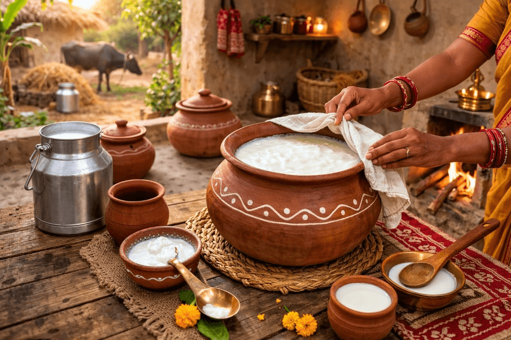 Traditional curd in terracotta pot — village kitchen