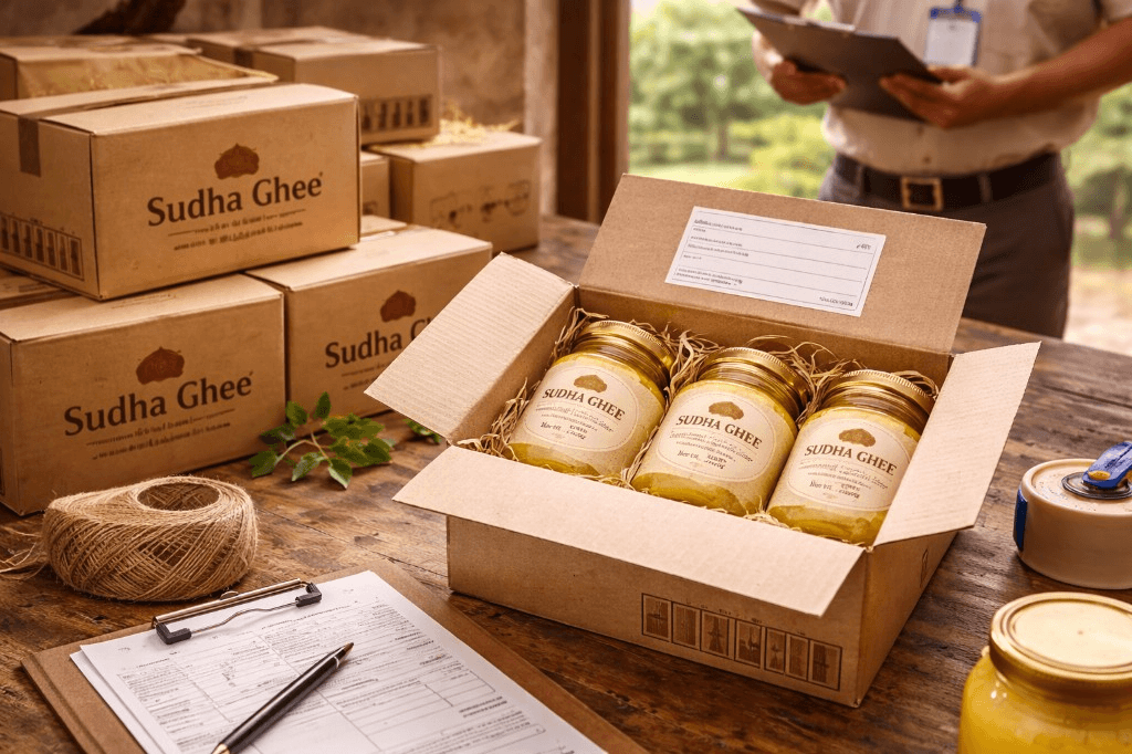 Packed Sudha Ghee boxes ready for shipping