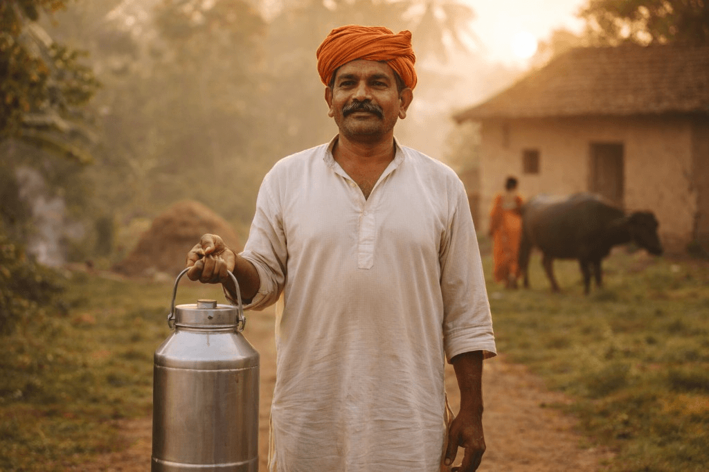 Farmer with milk can in village — real rural life