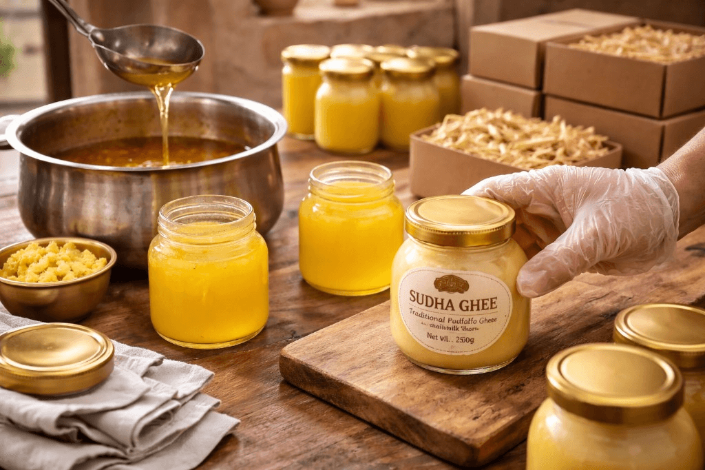 Golden ghee bubbling in traditional pot over fire