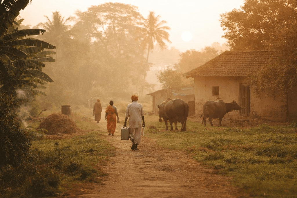 Village morning — farmers and buffalo in golden light