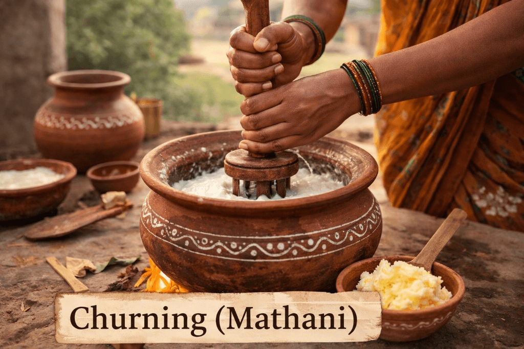 Traditional wooden mathani churning butter — village method